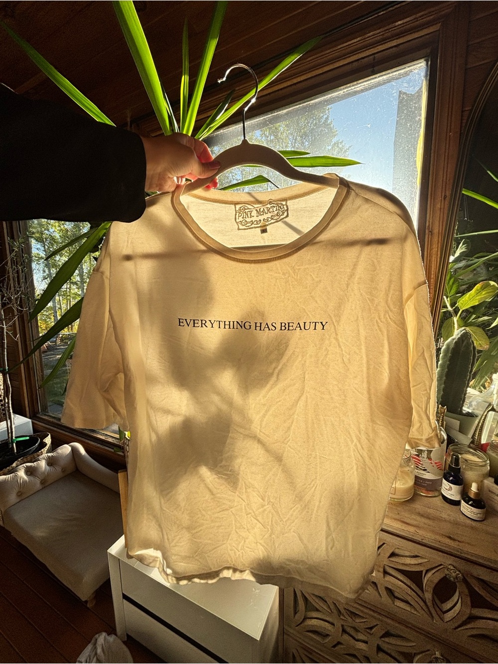 Pink Martini Cream Graphic Tee with "Everything Has Beauty" Print